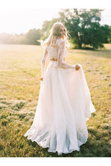 Chiffon Long-Sleeves Lace Two-Piece A-line Elegant Wedding Dresses