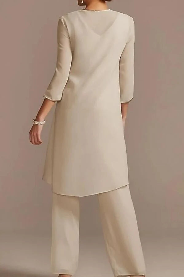 Chiffon Mother of the Bride Pantsuit 3/4 Sleeve Wedding Guest Pantsuit with Appliques