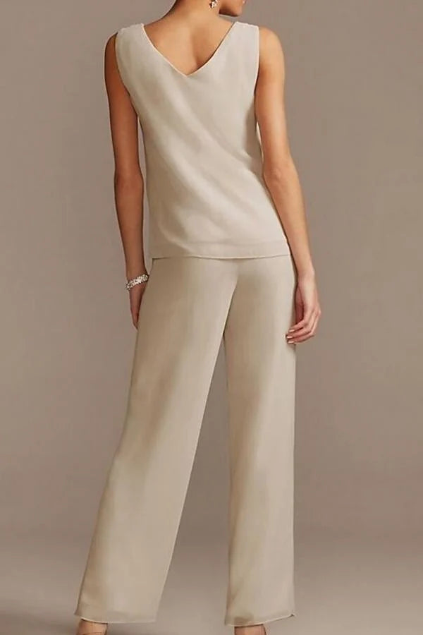 Chiffon Mother of the Bride Pantsuit 3/4 Sleeve Wedding Guest Pantsuit with Appliques