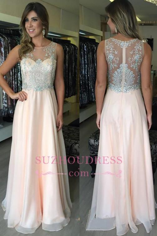 Chiffon Natural Zipper A-Line Elegant Sleeveless Applique Prom Dresses