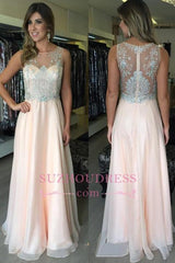 Chiffon Natural Zipper A-Line Elegant Sleeveless Applique Prom Dresses