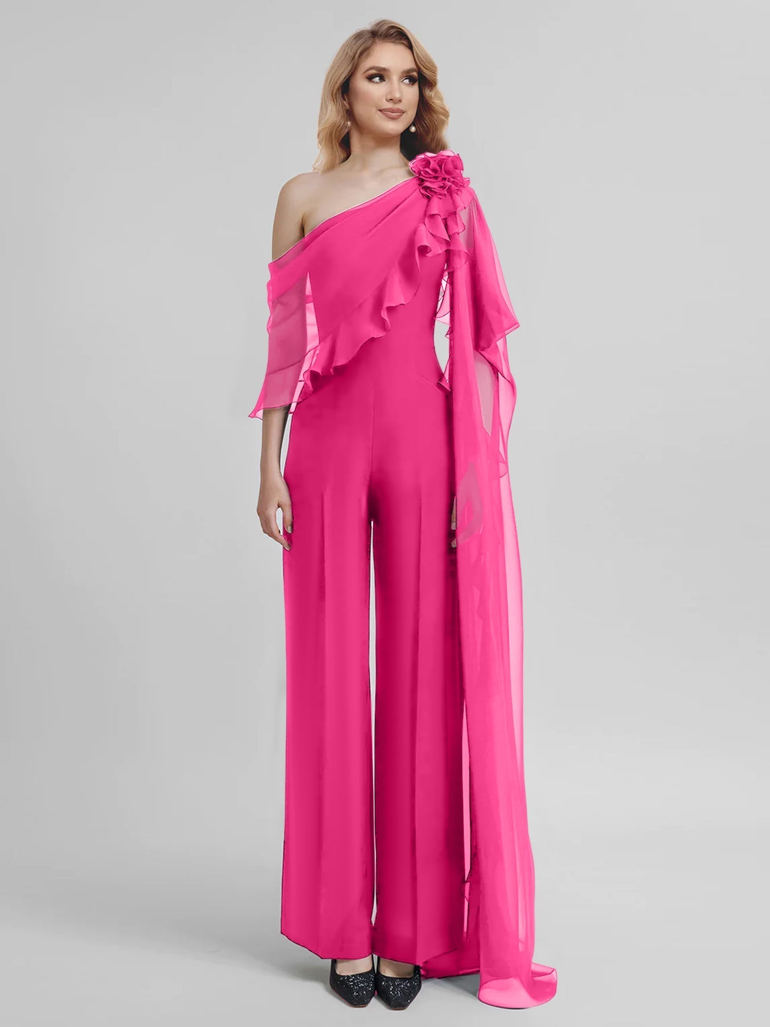 Chiffon One Shoulder Jumpsuits with Half Sleeves for the Mother of the Bride