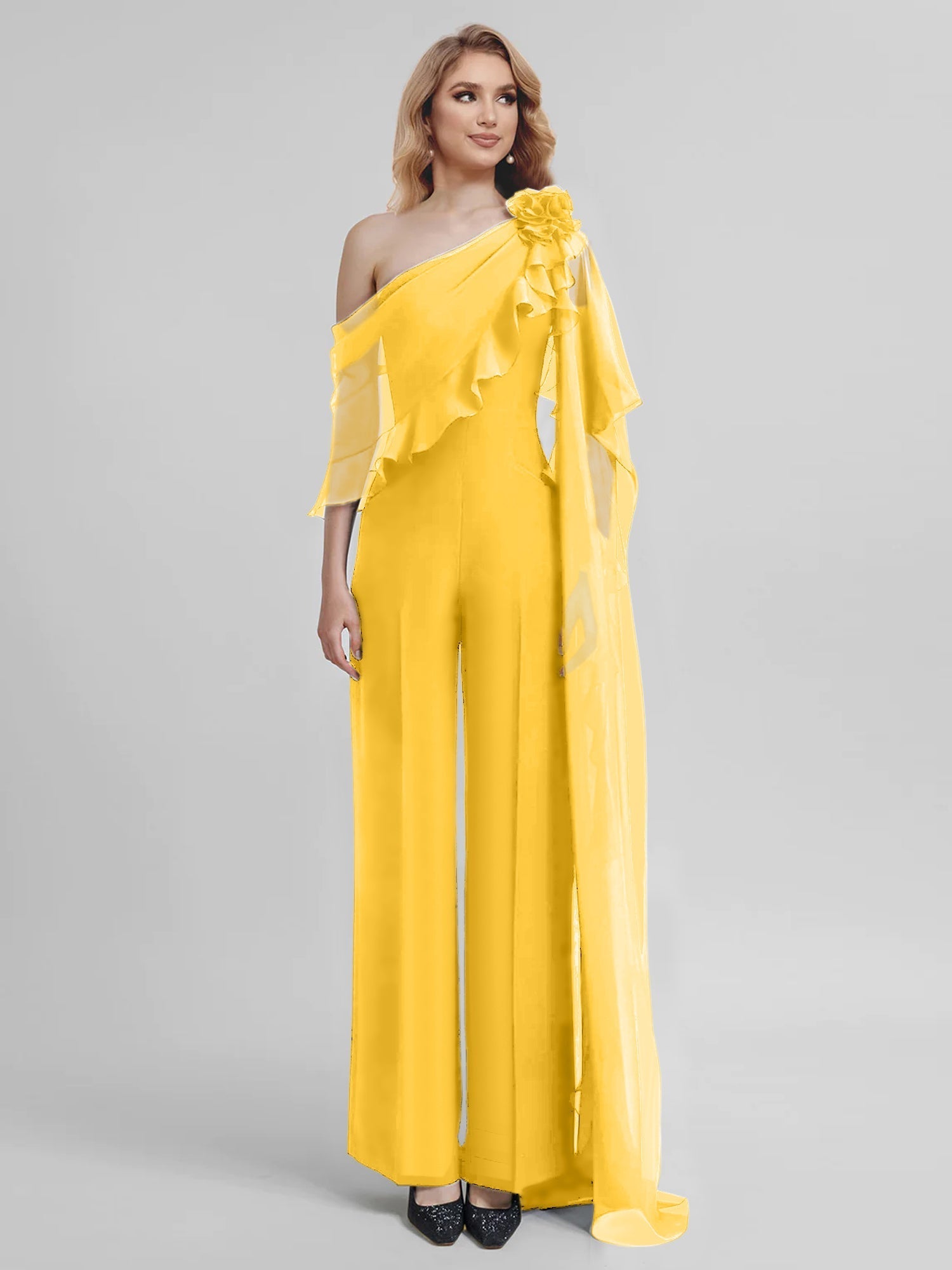 Chiffon One Shoulder Jumpsuits with Half Sleeves for the Mother of the Bride