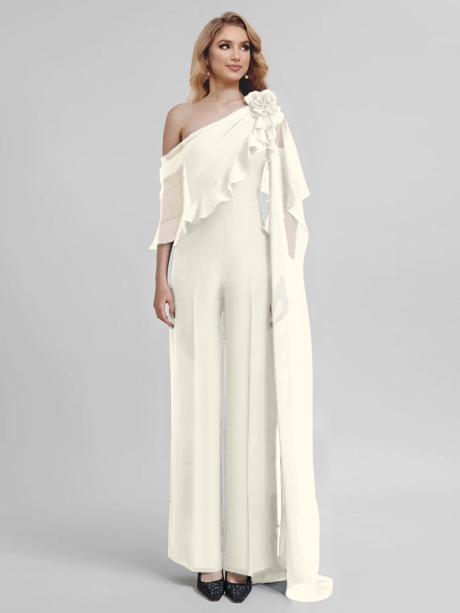 Chiffon One Shoulder Jumpsuits with Half Sleeves for the Mother of the Bride