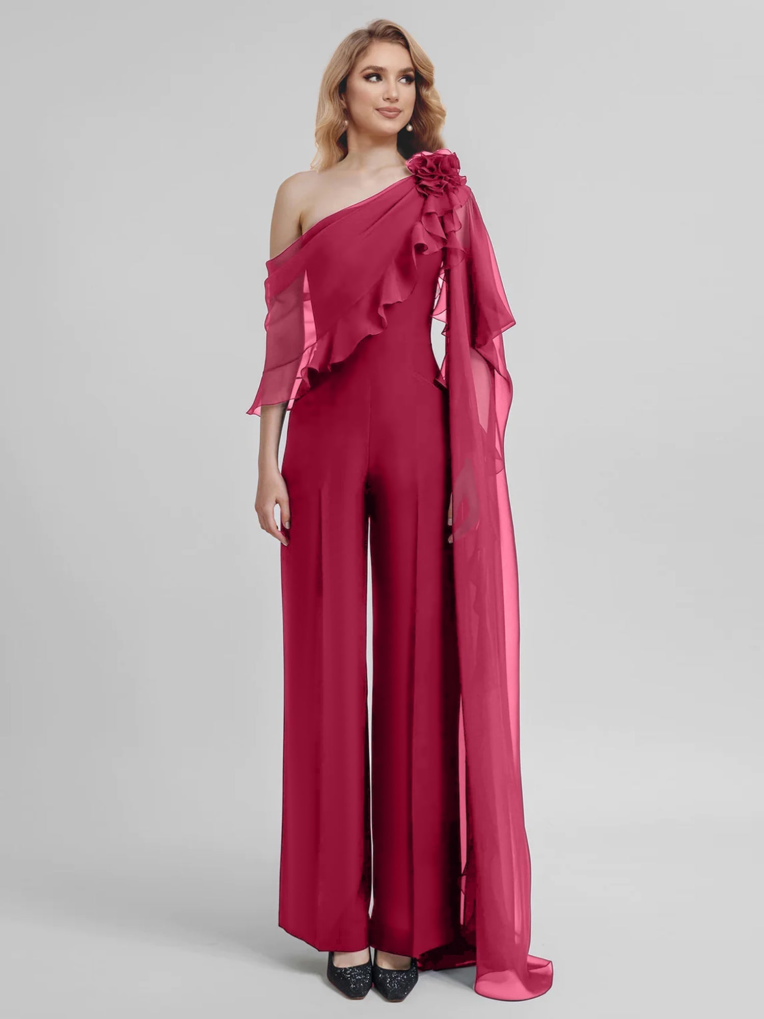 Chiffon One Shoulder Jumpsuits with Half Sleeves for the Mother of the Bride