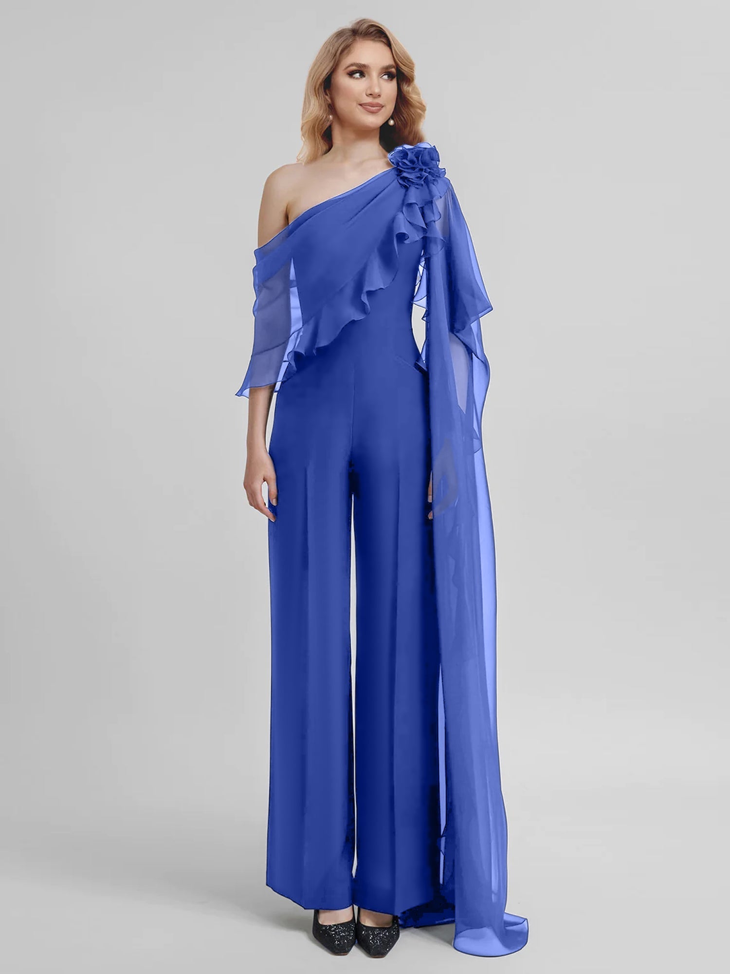 Chiffon One Shoulder Jumpsuits with Half Sleeves for the Mother of the Bride