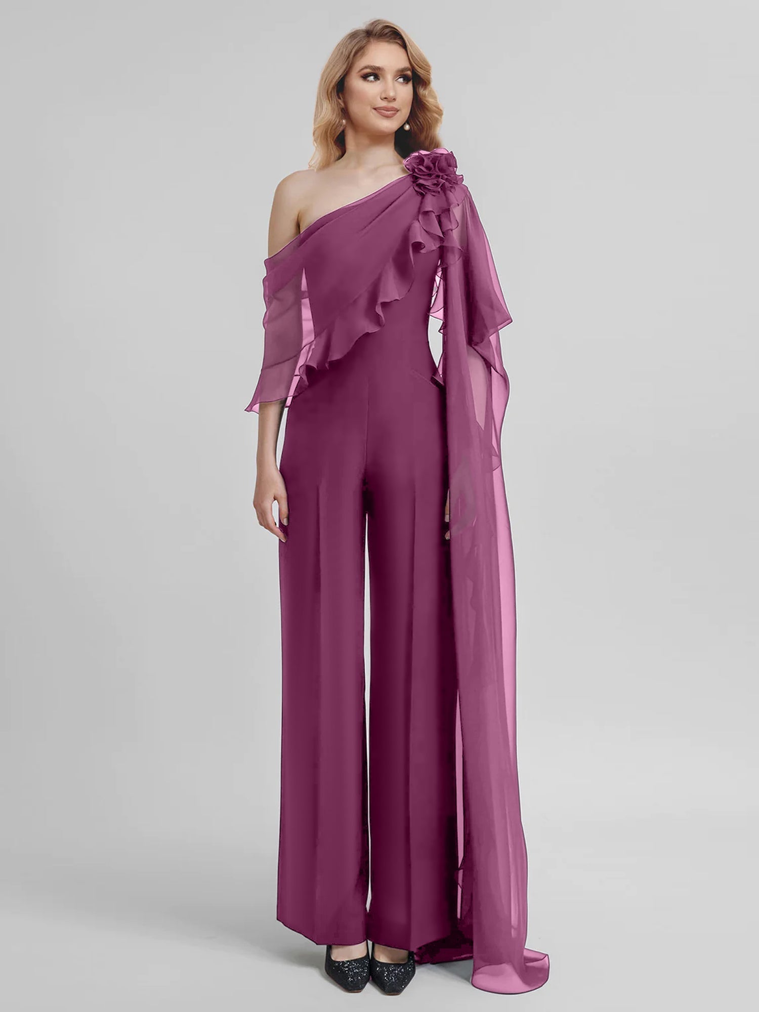 Chiffon One Shoulder Jumpsuits with Half Sleeves for the Mother of the Bride