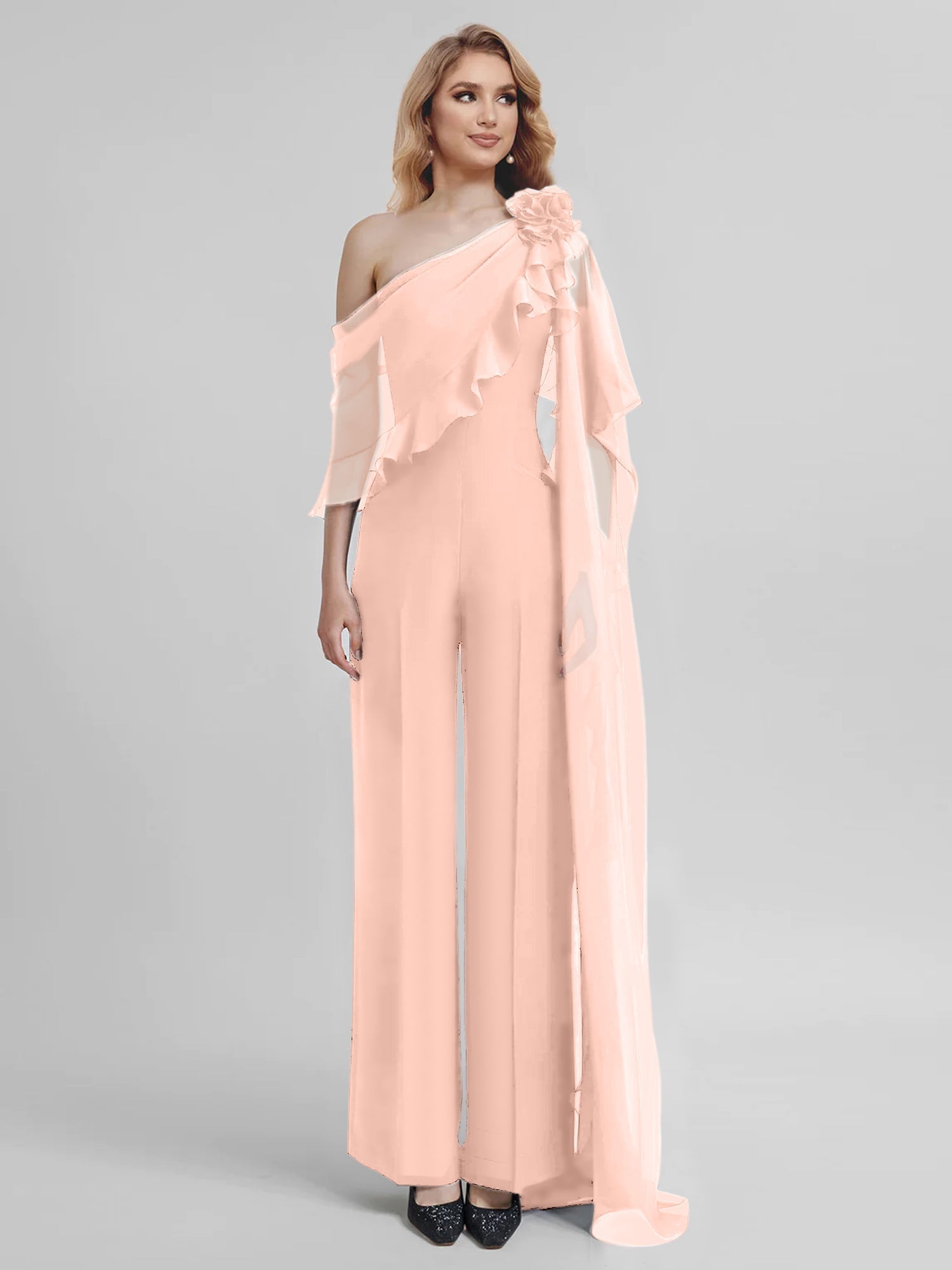 Chiffon One Shoulder Jumpsuits with Half Sleeves for the Mother of the Bride