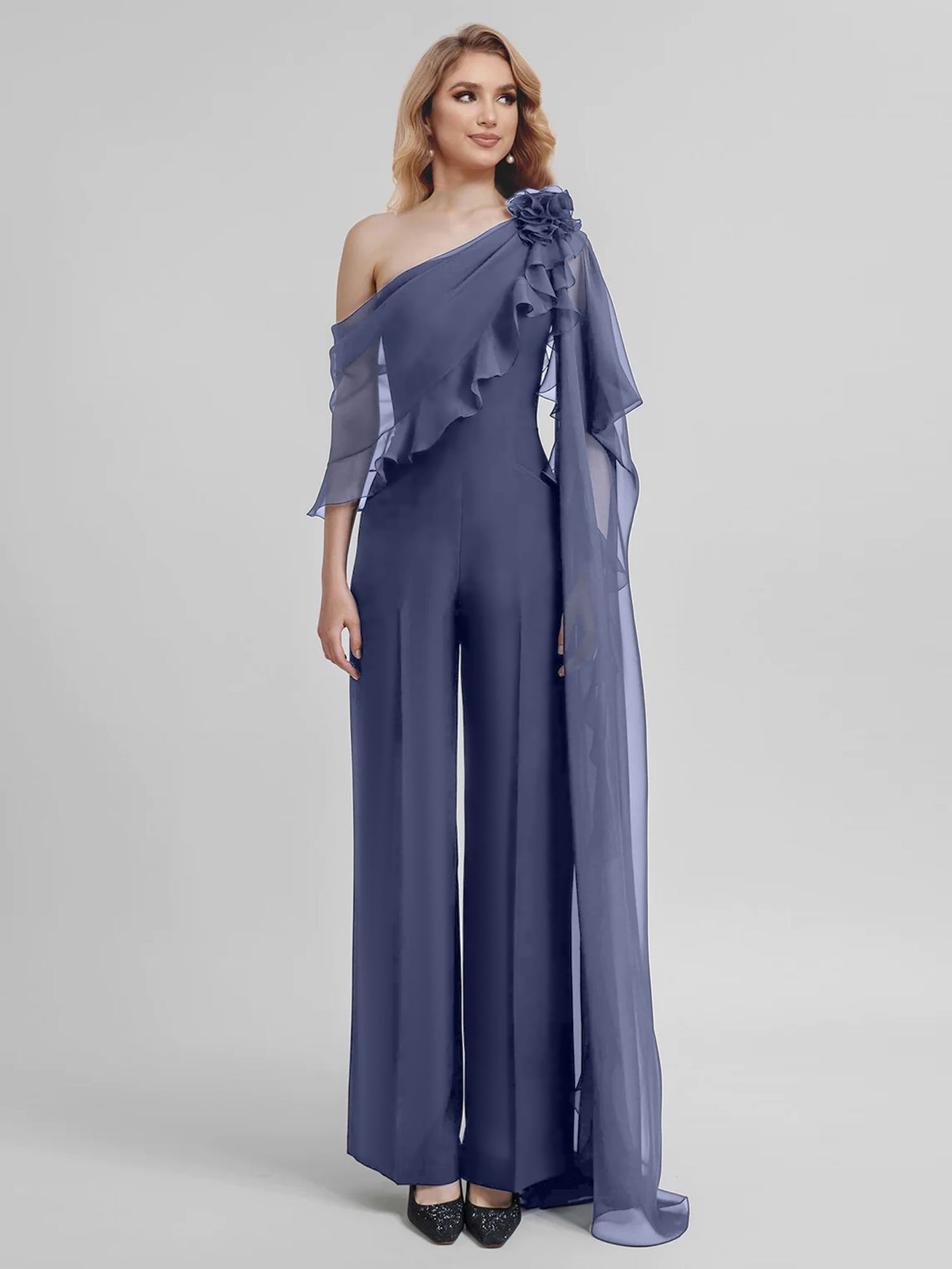 Chiffon One Shoulder Jumpsuits with Half Sleeves for the Mother of the Bride