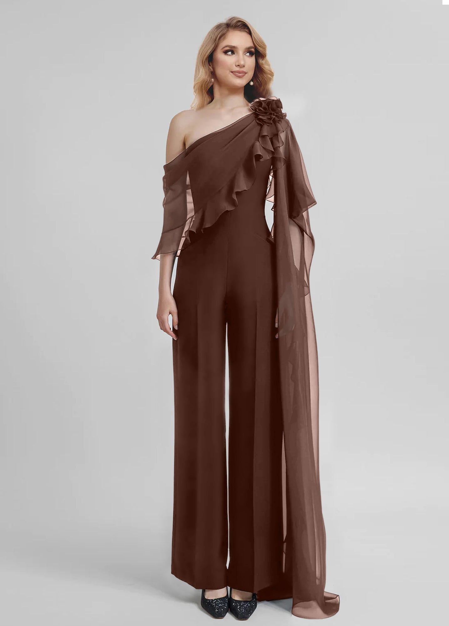 Chiffon One Shoulder Jumpsuits with Half Sleeves for the Mother of the Bride