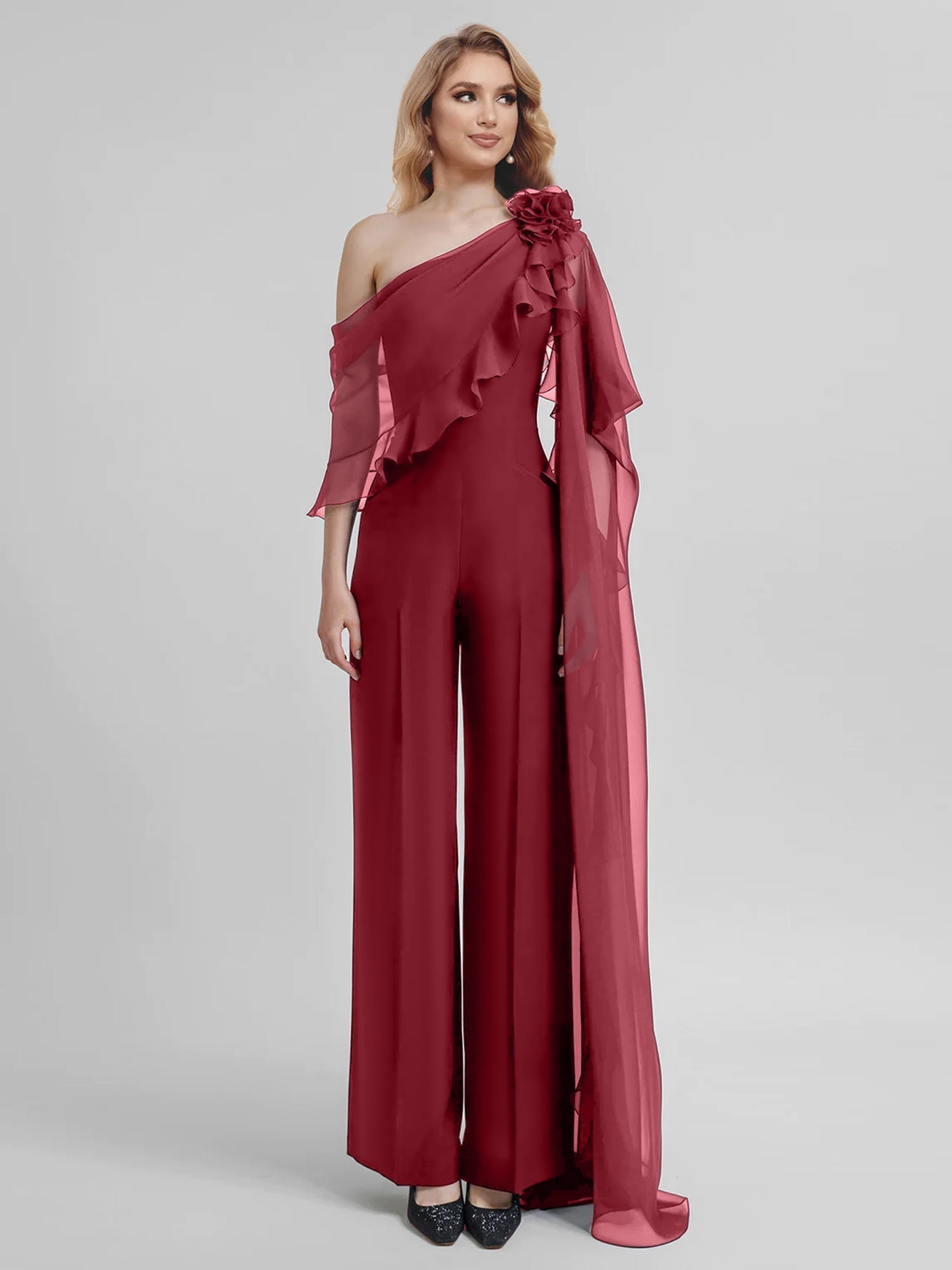 Chiffon One Shoulder Jumpsuits with Half Sleeves for the Mother of the Bride