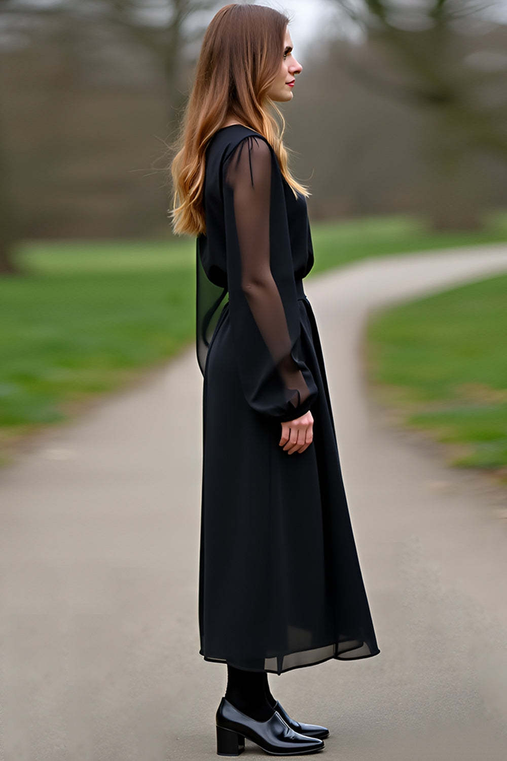 Chiffon Sleeves A Line Black Wedding Guest Dress Formal Dress