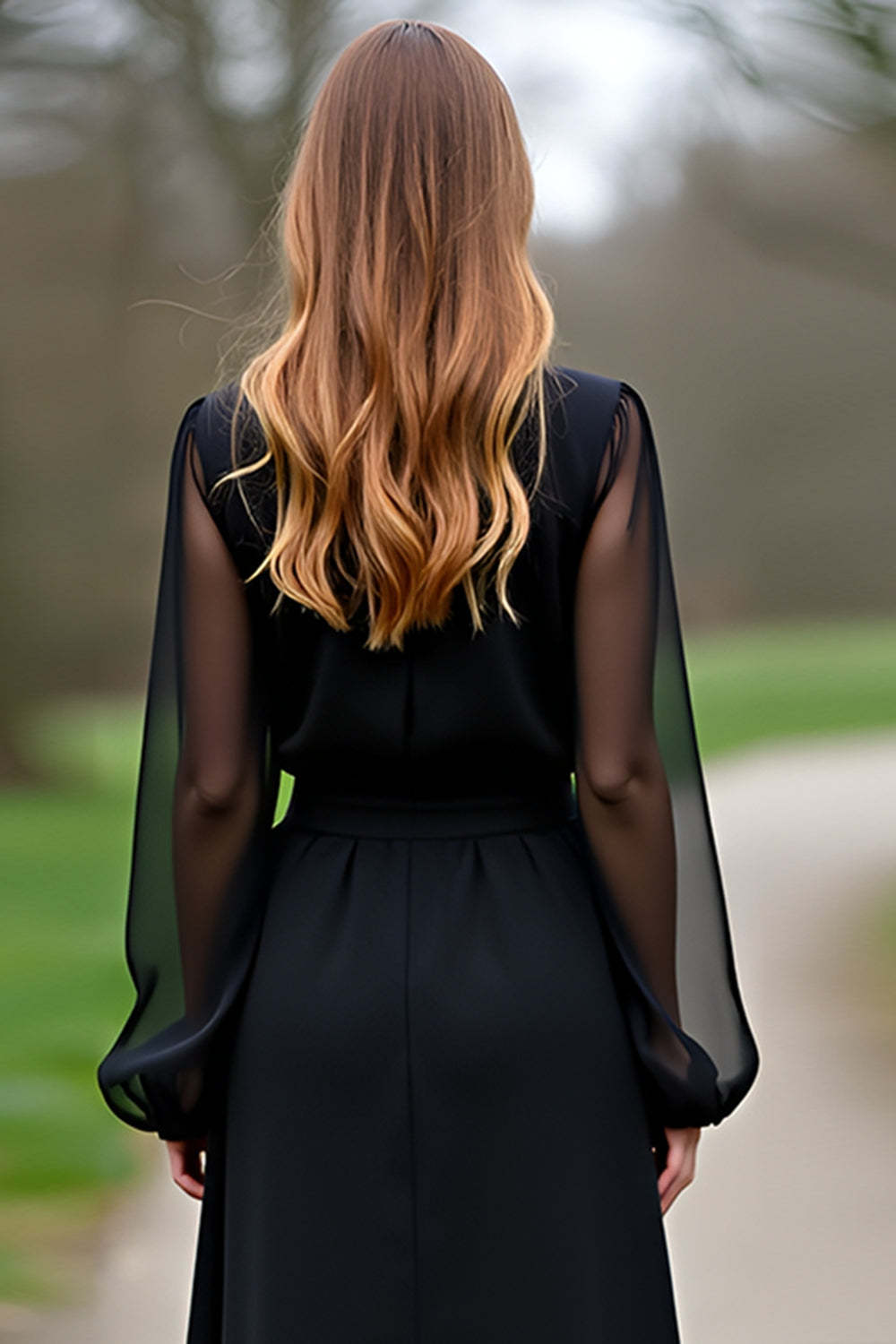 Chiffon Sleeves A Line Black Wedding Guest Dress Formal Dress