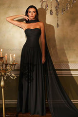 Chiffon Strapless Sleeveless Long Evening Formal Dress With Ruffled Pleated
