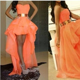 Chiffon Sweetheart Hi-lo Orange Homecoming Dresses with Gold Belt Cute Plus Size Prom Gowns