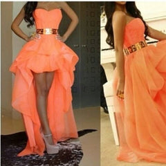 Chiffon Sweetheart Hi-lo Orange Homecoming Dresses with Gold Belt Cute Plus Size Prom Gowns