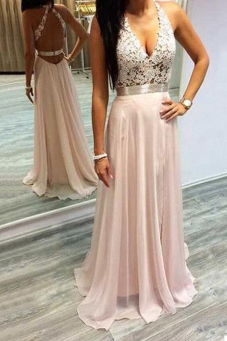 Chiffon V-Neck Open Back Long Evening Gowns Lace Halter Prom Dresses BA2433