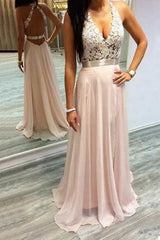 Chiffon V-Neck Open Back Long Evening Gowns Lace Halter Prom Dresses BA2433
