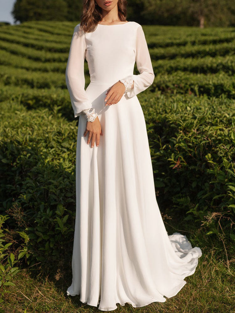 Chiffon White Long Sleeves Backless Lace A-Line Beach Wedding Dresses