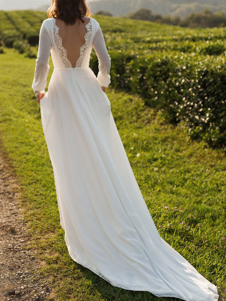 Chiffon White Long Sleeves Backless Lace A-Line Beach Wedding Dresses