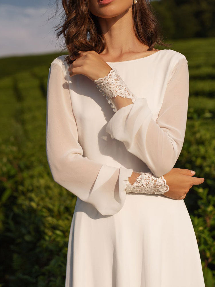 Chiffon White Long Sleeves Backless Lace A-Line Beach Wedding Dresses
