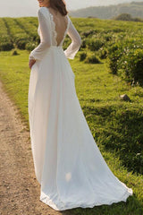 Chiffon White Long Sleeves Backless Lace A-Line Beach Wedding Dresses