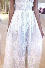 Chiffon White V-Neck Bridal Gowns Spaghetti Straps Lace Zipper Cute Long Prom Dresses BO8441