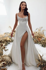 Chraming square sleeveless satin Beach Bridal Dress with pearls