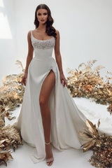Chraming square sleeveless satin Beach Bridal Dress with pearls