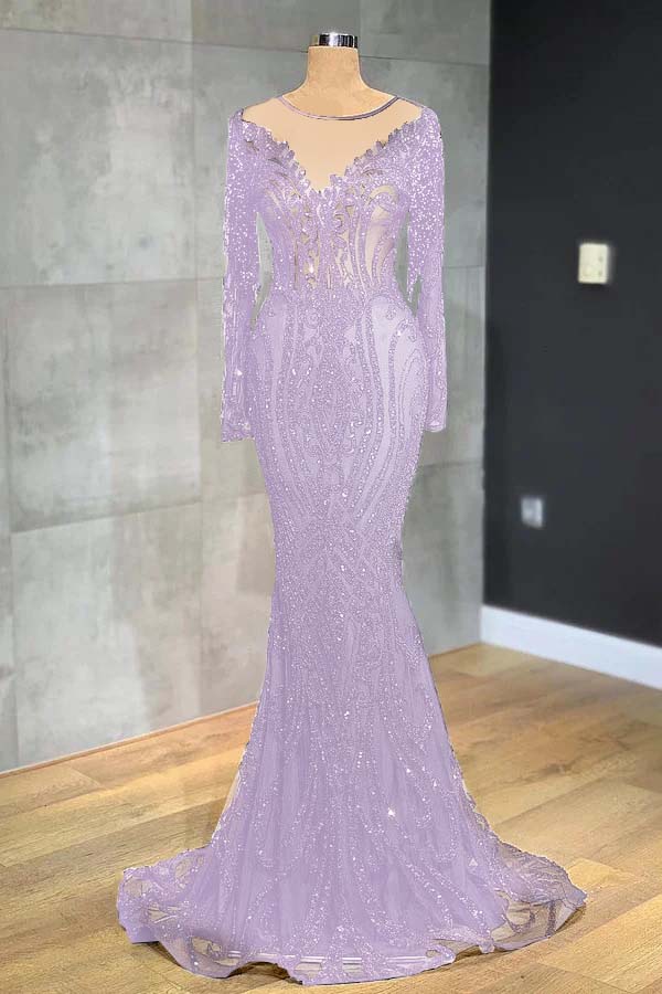 Classic Black Prom Dress Mermaid Evening Formal Dress Long Sleeves Tulle With Sequined