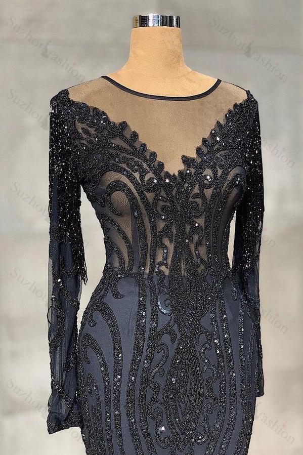 Classic Black Prom Dress Mermaid Evening Formal Dress Long Sleeves Tulle With Sequined