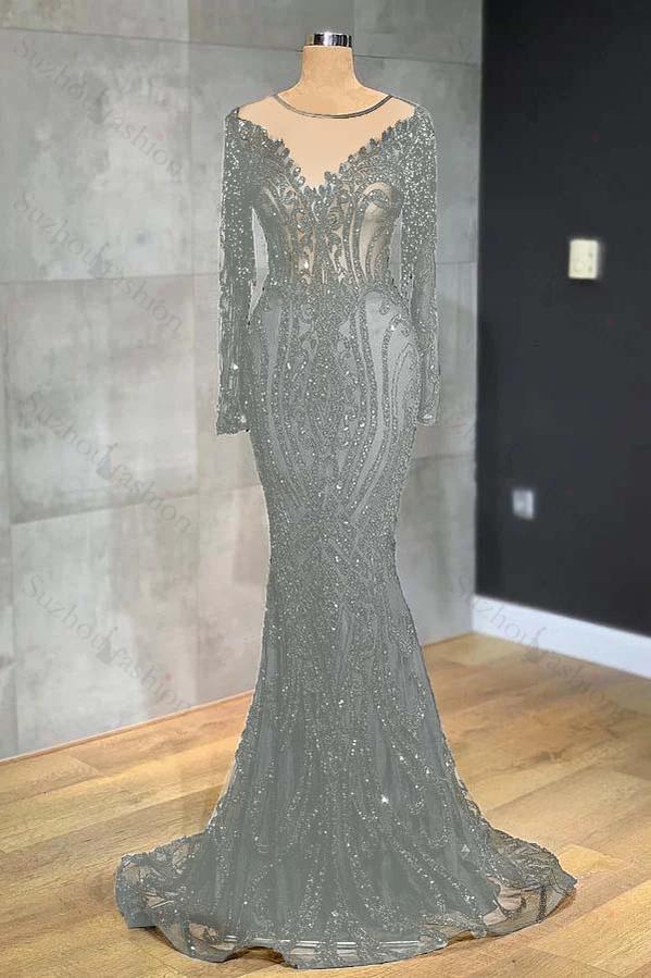 Classic Black Prom Dress Mermaid Evening Formal Dress Long Sleeves Tulle With Sequined