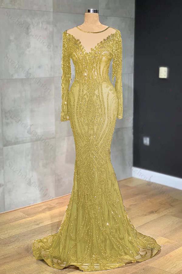 Classic Black Prom Dress Mermaid Evening Formal Dress Long Sleeves Tulle With Sequined