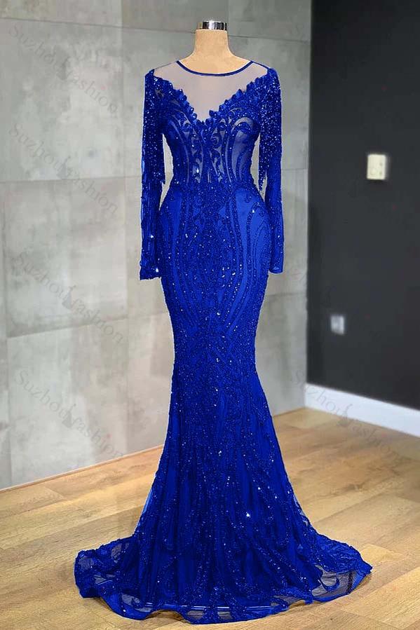 Classic Black Prom Dress Mermaid Evening Formal Dress Long Sleeves Tulle With Sequined