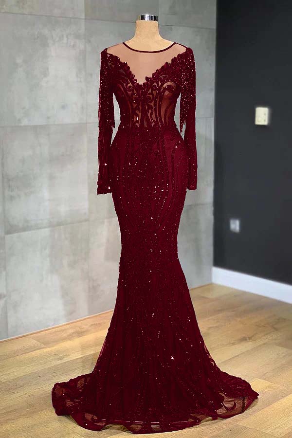 Classic Black Prom Dress Mermaid Evening Formal Dress Long Sleeves Tulle With Sequined