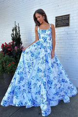 Suzhoufashion Classic Blue Floral A-Line Square Neck Backless Long Prom Gown Formal Evening Gown