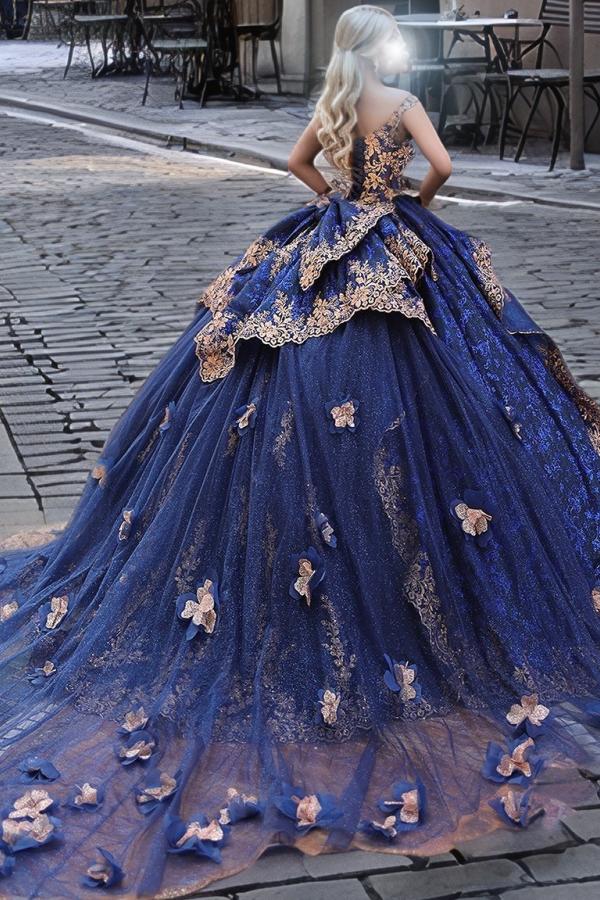 blue dress for baby girl Classic & Eleant Ball Gown Off Shoulder Sleeveless Gold Flowers Appliques Ruffles Tiered Navy Blue Tulle Quinceanera Dress Formal Evening Party Dress
