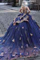 Classic & Eleant Ball Gown Off Shoulder Sleeveless Gold Flowers Appliques Ruffles Tiered Navy Blue Tulle Quinceanera Dress Formal Evening Party Dress Classic & Eleant Ball Gown Off Shoulder Sleeveless Gold Flowers Appliques Ruffles Tiered Navy Blue Tulle Quinceanera Dress Formal Evening Party Dress