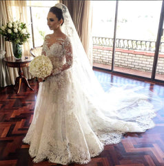 Classic Lace A Line Wedding Dress Long Sleeve with Flowers Custom Made Wedding Gowns BA3455