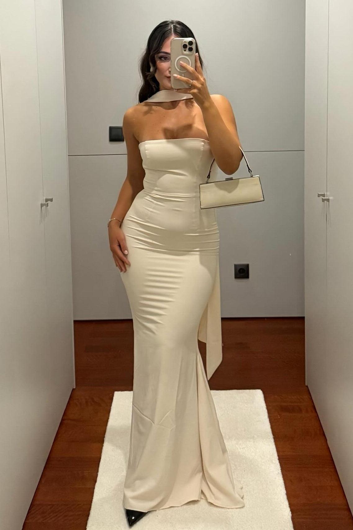Classic Mermaid Strapless Yellow Long Prom Dress With Scarf Formal Evening Gown