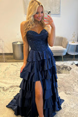 Navy Blue A-Line Sweetheart Corset Prom Dress With Tiered Skirt Formal Evening Gown