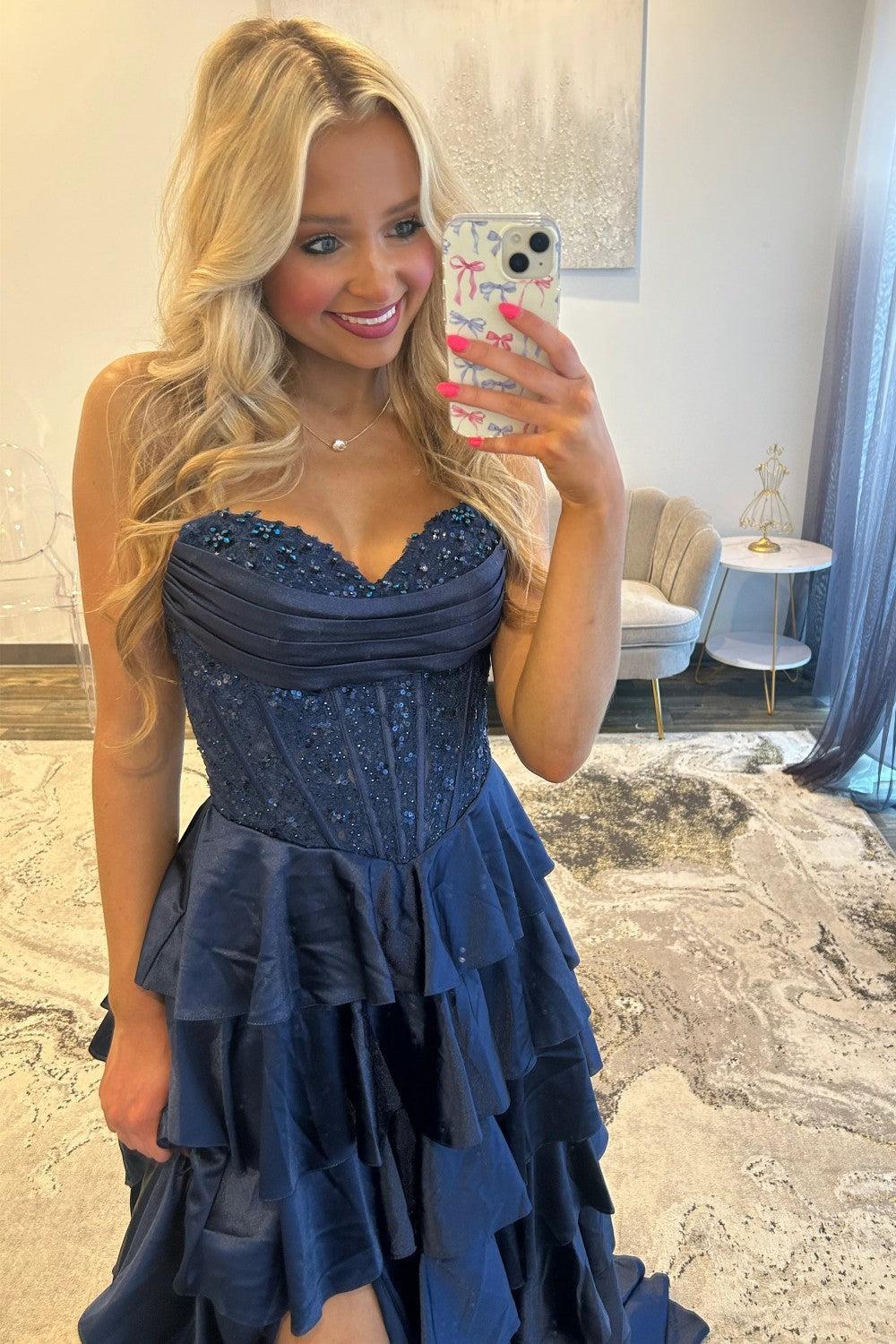 Navy Blue A-Line Sweetheart Corset Prom Dress With Tiered Skirt Formal Evening Gown