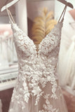 Classic V-Neck Spaghetti-Straps Sleeveless Long Lace Bridal Dress
