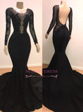 Classical Black Crew Open Back Long Sleeves Prom Dresses | Mermaid Appliques Sweep Train Evening Gown BC0872