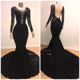 Classical Black Crew Open Back Long Sleeves Prom Dresses | Mermaid Appliques Sweep Train Evening Gown BC0872