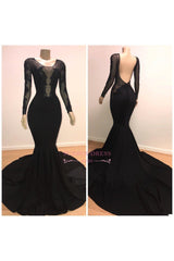 Classical Black Crew Open Back Long Sleeves Prom Dresses | Mermaid Appliques Sweep Train Evening Gown BC0872
