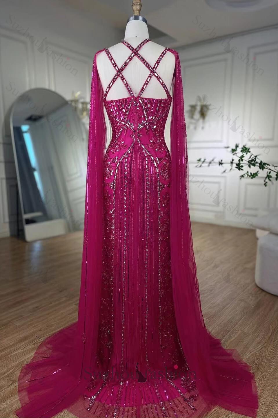 Classy Hot Pink Beadings Evening Dress Mermaid Long With Ruffle