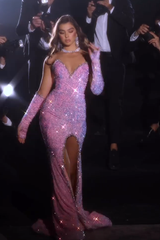 Classy Pink Sleeveless Split Mermaid Evening Dresses With Glitter