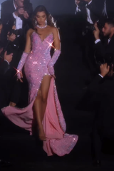 Classy Pink Sleeveless Split Mermaid Evening Dresses With Glitter
