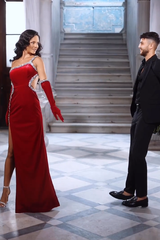 Classy Red Straps Sequins Mermaid Evening Dresses With Split